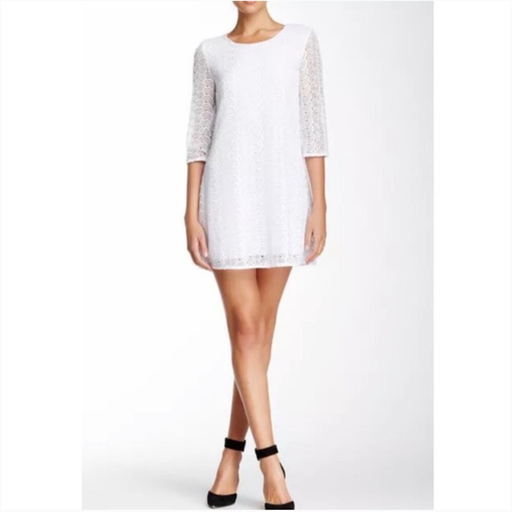 Diane von Furstenberg Martina White Lace 3/4 Sleeve Shift Mini Dress Size 0 - Picture 3 of 16